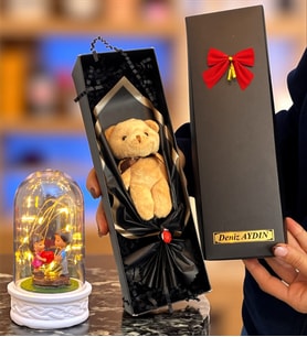 Kişiye Özel İsimli Kutuda Kahve Ayıcık ve Led Işıklı Biblolu Fanus (Model 4)