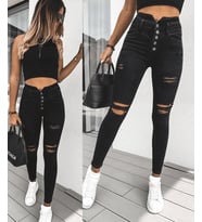 Yüksek Bel Çok Düğmeli Ve Yırtık Detaylı Kot Pantolon Jean