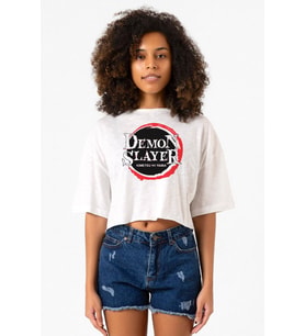Demon Slayer Anime Squad Demon Slayer Kimetsu No Yaiba Beyaz Kırçıllı Kadın Crop Tshirt