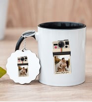 Kişye Özel Polaroid Tasarım Fotoğraflı Siyah Kupa Bardak ve Anahtarlık