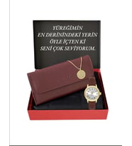 Kadın Bordo Kol Saati-Siyah Şal-Cüzdan-Kolye Set