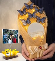 Kişiye Özel Baykuş Fotoğraflı Büyük Boy Kelebek Buketi Led Işıklı Aynalı (Mavi)