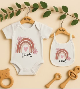 Pia Baby Premium %100 Pamuk İsme Özel Organik Baskılı Çıtçıtlı Bebek Body Ve Önlük 5036-20 (Ekru)