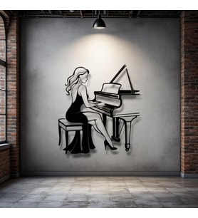 Piyano Çalan Kadın Siluetli Metal Duvar Dekoru – Müzik ve Zarafetin Buluşması (Siyah)
