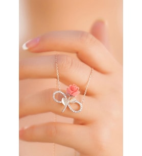 925 Ayar Gümüş Zincirli Rose Kaplama Pembe Gül Sonsuzluk Modeli Kolye