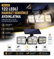 3&amp;apos;lü 122 LEDLİ Güneş Enerjili Hareket Sensörlü Aydınlatma, Dış Mekan Duvar ve Bahçe Lambası Solar LED (5343)