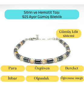 Sertifikalı Sitrin ve Hematit  925 Ayar Doğal Taş Gümüş Bileklik 4mm