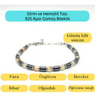 Sertifikalı Sitrin ve Hematit  925 Ayar Doğal Taş Gümüş Bileklik 4mm