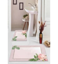 Pembe Çiçekli Desen Banyo Halısı Klozet Paspas Seti BS009