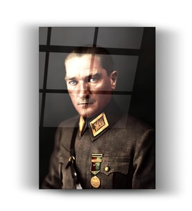 Cam Tablo - Atatürk Portresi - Duvar Dekorasyon - Ofis Dekorasyonu - Duvar Tablosu - Coffe Dekorasyonu - Mustafa Kemal Atatürk - Dikey - Hediye - Ev & Yaşam (Kahverengi)