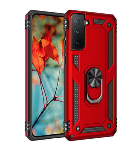 Samsung Galaxy S21 Kılıf Metal For Car Yüzüklü Standlı Military Ring Serisi (Kırmızı)