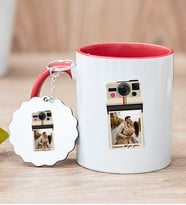 Kişye Özel Polaroid Tasarım Fotoğraflı Kırmızı Kupa Bardak ve Anahtarlık
