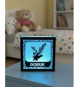 Kartal Temalı Kişiye Özel Işıklı Led Ahşap Gece Lambası Mavi  ( Canlı Anılar )