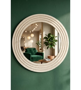 Antik Ahşap Traverten Dekoratif Ayna Banyo Lavabo Aynası Yuvarlak Ayna Duvar Aynası ( 43x56 )