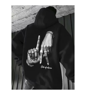 Unisex Oversize Hoodie El Figürlü Baskılı Kapüşonlu Streetwear Sweatshirt (Siyah)