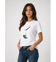 Kadın Astronot Ay Temalı Tişört Kısa Kol Yazlık Bisiklet Yaka T-Shirt - Beyaz