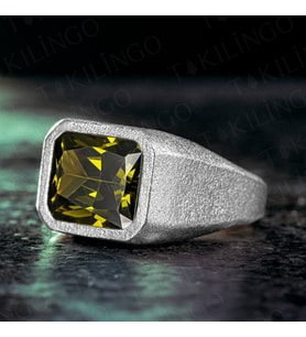 925 Ayar Gümüş Yeşil Peridot Olivin Taşlı Sade Erkek Yüzük