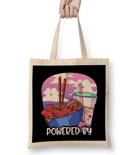 Powered By Ramen & Boba Tea Kawaii Anime Bez Çanta Uzun Saplı