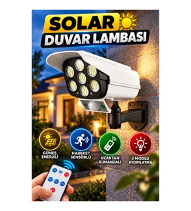 Solar Kamera Görünümlü LED Duvar Lambası – Hareket Sensörlü, 3 Modlu, Uzaktan Kumandalı