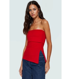 Yandan Fermuarlı Krep Örme Straplez Bluz Premium Kalite Modern Stil (Kırmızı)