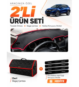 HONDA HR-V (2016-2020) Uyumlu Torpido Örtüsü + Deri Bagaj Çantası + Sticker Seti - Siyah Kırmızı