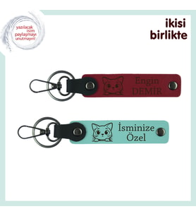 İlişkinize Patili Neşe Katan Hatıra, Kişisel Kedili Deri Anahtarlık Takımı, Kırmızı-Turkuaz (Çok Renkli)