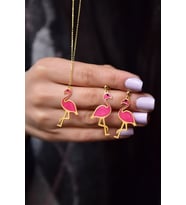 925 Ayar Gümüş Gold Kaplama Incili Parlayan Rüya Serisi Tasarım Ebruli Cam Boyalı Flamingo Set