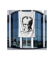 Siyah - Beyaz Mustafa Kemal Atatürk Silüeti ve İmza Poster Bayrak Raşel Kumal 4x6 metre ATA28