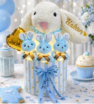 Kişiye Özel İsimli Tavşanlı Led Işıklı Mavi 3'lü Ayıcık Buketi – Baby Shower & Yeni Doğan Erkek Bebek Hediyesi Eşe Hediye