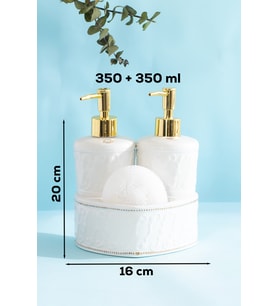 Porsima 3117 Gold Kapaklı Porselen Süngerli 2li Sıvı Sabunluk Beyaz 350+350 Ml Açık Gri - Beyaz