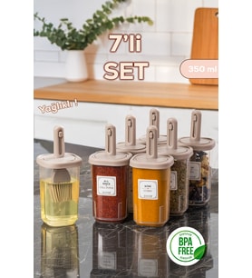 Porsima 4366 7li Kaydırmalı Kaşıklı Sızdırmaz Kapaklı Etiketli Baharatlık Seti - Saklama Kabı