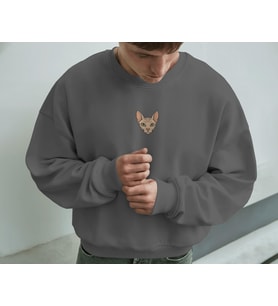 Erkek Sphynx (Tüysüz) Kedisi Desenli Sweatshirt – Minimal Göğüs Baskılı, Unisex Rahat Kalıp (Füme)