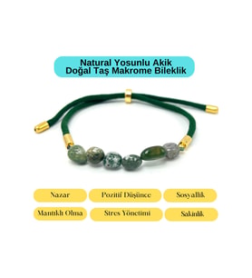 Sertifikalı Natural Yosunlu Akik Doğal Taş Makrome Bileklik Ayarlanabilir Ölçü