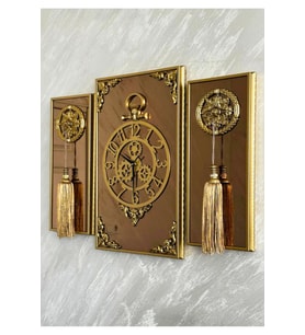 Casablanca 3 Lü Gold Aynalı Çerçeveli Püsküllü Duvar Saati Takımı, Wall Clock Hediye Ags001 38gmb