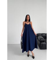 Neşeli butik kadın lacivert askılı içi astarlı kaş keten elbise NBG017