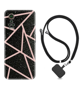General Mobile GM 21 Pro GM 22 Pro Plus Kılıf Boyun Askılı Silikon Pembe Şeritli Mermer 1312