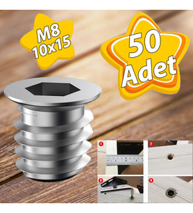 Metal Düz Dişli Dübel Ahşap Dübeli M8 10x15 Diş Çinko Mobilya Bağlantı Ünite Birleştirme (50 ADET) (Krom)