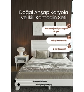 Hüma Model Yatay Başlıklı Masif Ahşap Karyola ve 2 Adet Komodin Kolay Kurulum Fırınlanmış İthal Sibirya Çamı 150x200 Yatak Uyumlu 2 Adet Komodin
