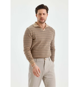 Erkek Patlı Slim Fit Çizgi Detaylı Uzun Kollu Polo Yaka Triko Kazak