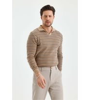 Erkek Patlı Slim Fit Çizgi Detaylı Uzun Kollu Polo Yaka Triko Kazak