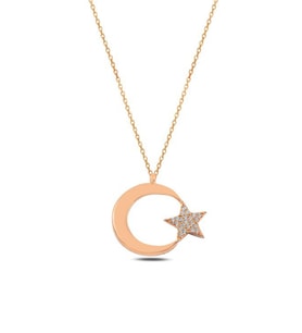 Zirkon Taşlı Rose Renk Ay Yıldız Kadın Gümüş Kolye GKLAYYLDZM3-ROS