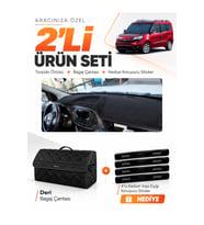 FİAT DOBLO TAM KAPALI (2015-2023) Uyumlu Torpido Örtüsü + Deri Bagaj Çantası + Sticker Seti - Siyah