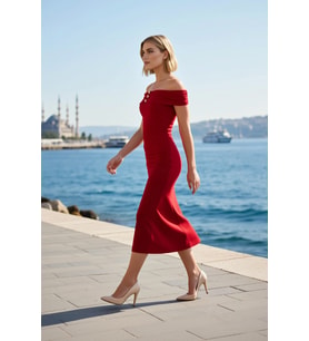 Kadın Midi Elbise Carmen Yaka Kolsuz Kalıp Örme Kumaş Düz Desen Büzgü Drape Detaylı Astarsız