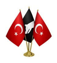 Masa Üstü Siyah Göktürk Bayrağı Türk Bayrağı Üçlü Pirinç Direk Masa Bayrak Seti