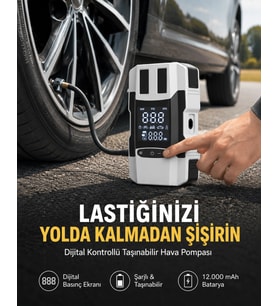 Araç Lastik Şişirme Pompası ve Akü Takviye Powerbank Bir Arada Yeni Nesil
