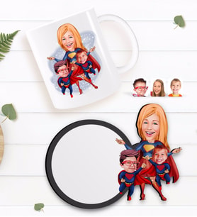 BK Gift Kişiye Özel Süper Anne Süper Çocuklar Karikatürlü Beyaz Kupa ve Ahşap Bardak Altlığı Hediye Seti-1