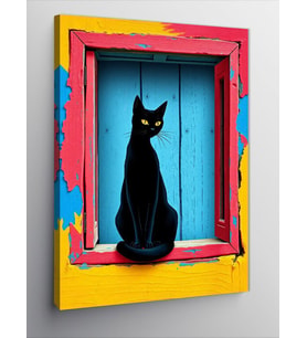Kanvas Tablo Kırmızı Çerçevede Siyah Kedi