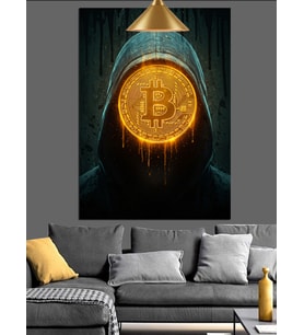 Bitcoin Logolu Kapüşonlu Gizemli Silüet Dekoratif Kanvas - Mdf Ahşap Tablo