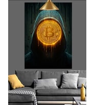 Bitcoin Logolu Kapüşonlu Gizemli Silüet Dekoratif Kanvas - Mdf Ahşap Tablo