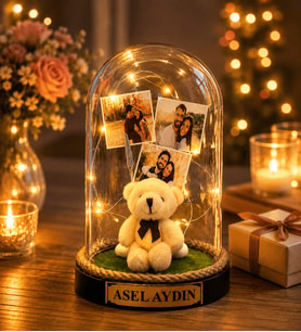 Kişiye Özel Yazılı ve 3 Fotoğraflı LED Işıklı Peluş Ayıcıklı Fanus Doğum Günü Hediyesi Sevgiliye Hediye
